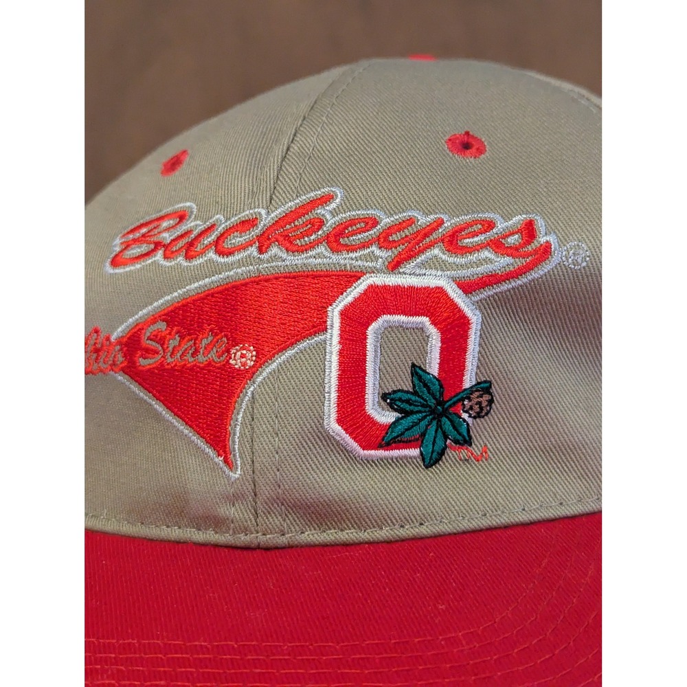 Vintage Ohio State Buckeyes Snapback Hat 90s Script Logo OSU NCAA Khaki Red - Picture 2 of 6